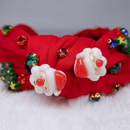 pVq Christmas Headband for Women Knotted Headband with Christmas Tree Crystal Pearl Snowflake Ribbon Xmas Holiday Hairband (Santa Claus - Red, One Size)