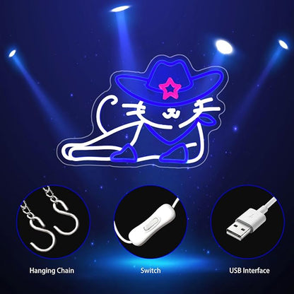 Cowboy Cat Neon Sign, Neon Signs for Wall Decor Neon LED Signs Room Neon Light Up Signs Home Decor for Bedroom Club Party Bar Shop USB Operated