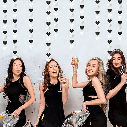 Black White-Silver Party-Decoration Heart Garland - 52ft 21st Men Birthday New Years Eve Hanging Backdrop Streamers,Graduation Engagement Wedding Bachelorette Banner Supplies Decor Lasting Surprise