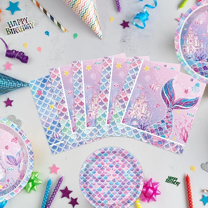 Mermaid Birthday Decorations Include Plates, Napkins, Cups, Cutlery, Hanging Swirls, Banner, Cake & Cupcake Toppers, Balloons, Tablecloth for Mermaid Party Decorations, Serve 20