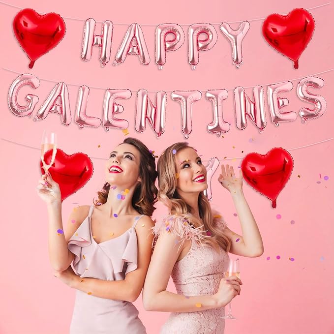 Rose Gold Happy Galentines Day Balloons 16 Inch Galentine Balloons Red Heart Ballons for Galentines Day Decorations for Party Hotel Bedroom Office Classroom Indoor