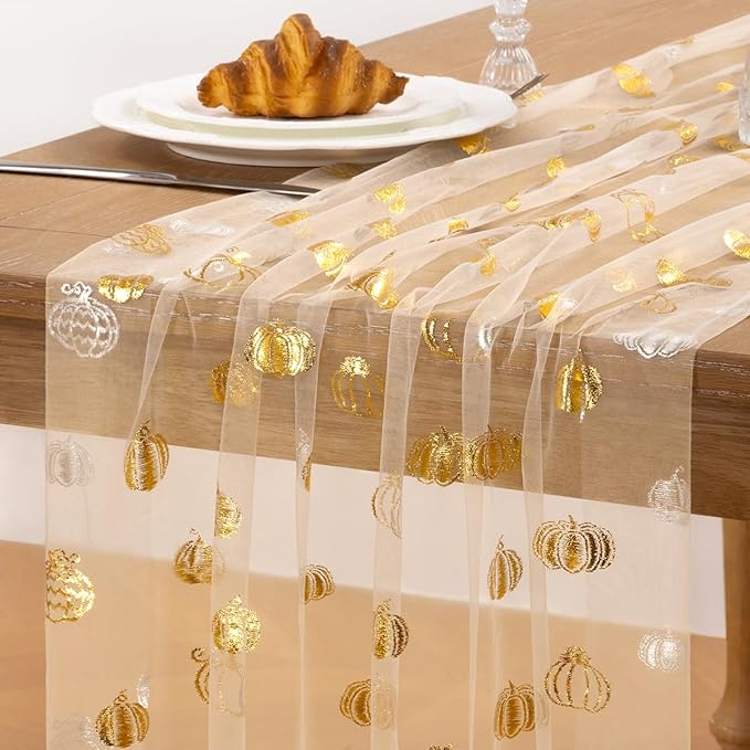 Pumpkin Gold Table Runner for Thanksgiving Sheer Gauze Cheesecloth 120 Inch with Glitter Harvest Feast Decor for Family Gatherings Dining Table Home Celebration - Beige