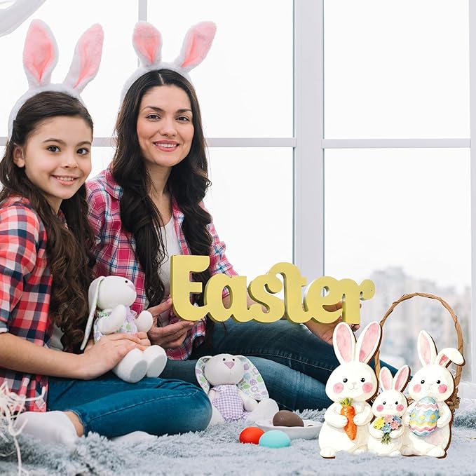 Kercan Easter Cross Wall Decoration with Purple Fabric, White Lily Flowers and Dove, He is Risen Wood Sign, 14.2x9.8 Inch Religious Home Decor (Rabbit-C)
