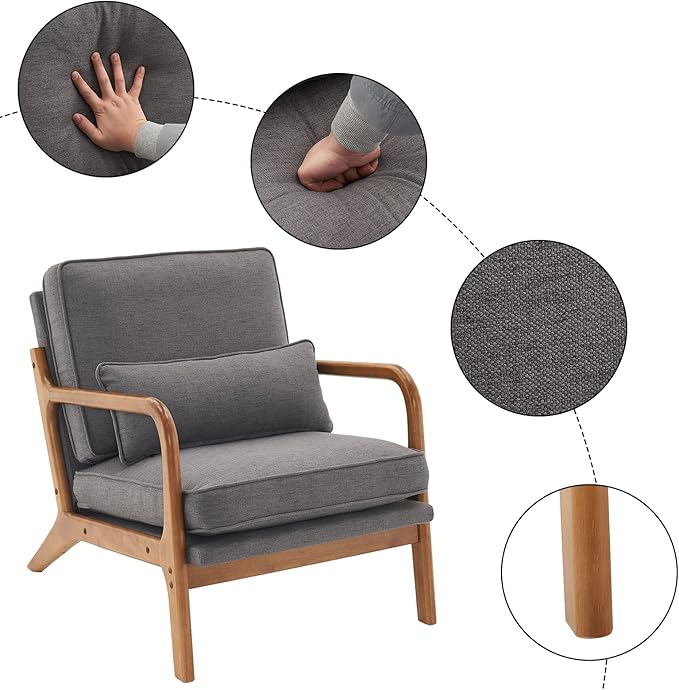 Bonnlo Linen Dark Grey Mid Century Modern Accent Chair, Soild Wood Padding Lounge Armchairs Side Sitting Chairs for Living Room, Bedroom, Guest Room