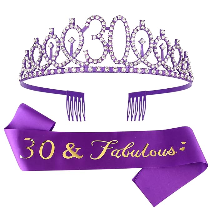 CIEHER 30th Birthday Decorations - Sash, Crown, Tiara, Cake Topper, Photo Booth Props & Party Supplies in Purple