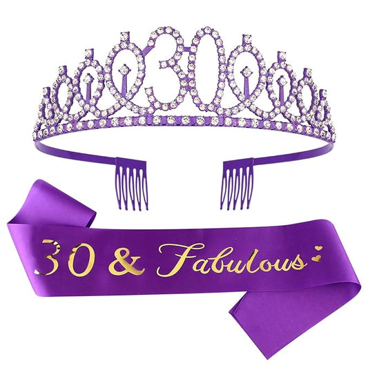 CIEHER 30th Birthday Decorations - Sash, Crown, Tiara, Cake Topper, Photo Booth Props & Party Supplies in Purple