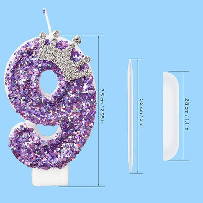 Purple Crown Birthday Candle, Glitter Number 9 Cake Topper With Sequins for Anniversary Celebrations Supplies