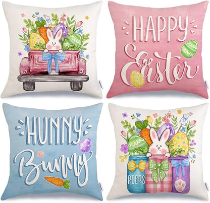 GEEORY Happy Easter Eggs Hunny Bunny Throw Pillow Covers 16x16 Inch Set of 4, Peeps Mason Jars Truck Spring Decorative Farmhouse Holiday Cushion Case for Home Decoration G688-16