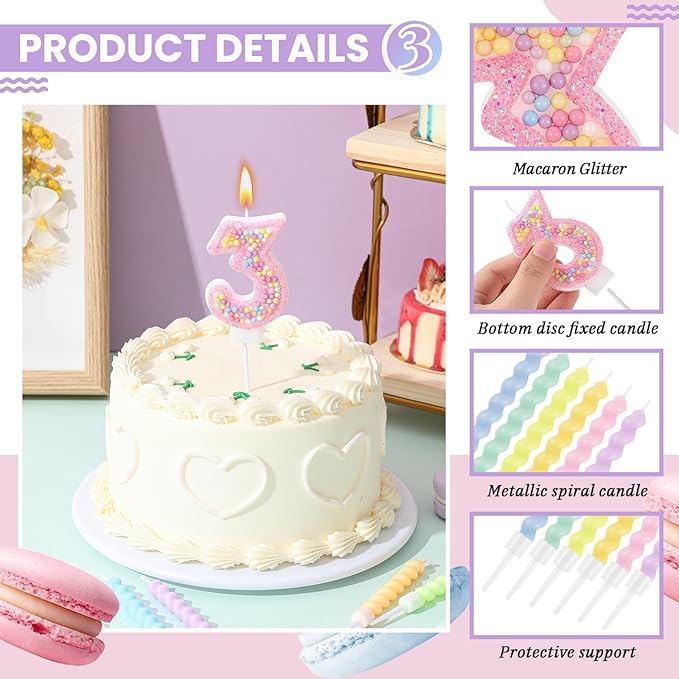 MTLEE Number 3 Birthday Candle with 12 Pcs Spiral Candles for Girls Macaron Pastel Rainbow Unicorn Pink Cake Topper for Sweet Theme Party Decoration