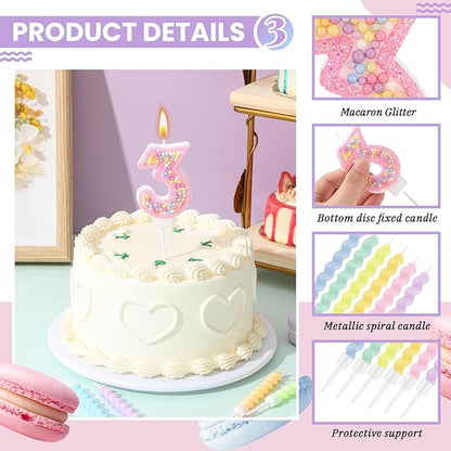MTLEE Number 3 Birthday Candle with 12 Pcs Spiral Candles for Girls Macaron Pastel Rainbow Unicorn Pink Cake Topper for Sweet Theme Party Decoration