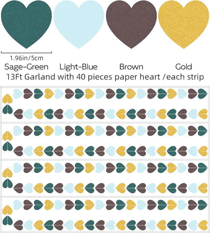 Sage-Green Gold Brown Party Decorations - 52Ff Paper Heart Streamers Gender Neutral Baby Shower Bridal Shower Garland Boho Birthday Rustic Decoration Woodland Theme Decor HongTongTong