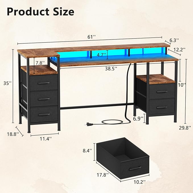 61 Inch Gaming Desk with Power Outlets and LED Lights, Reversible Computer Desk with 5 Fabric Storage Drawers, Home Office Desk with Monitor Stand for Working Writing Study, Rustic Brown
