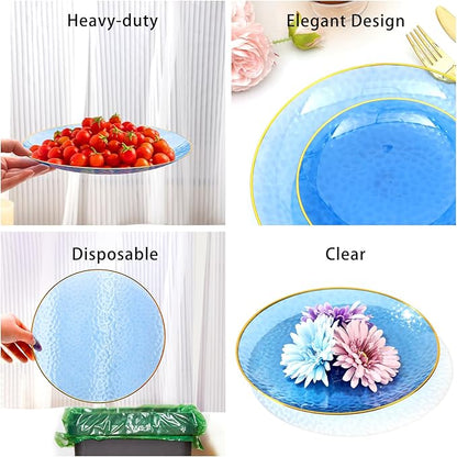 150 Pcs Blue Plastic Dinnnerware Set for 25 Guests - Clear Blue Plastic Plates Disposable with Gold Trim - Fancy Disposable Plates for Party Wedding Birthday Thanksgiving