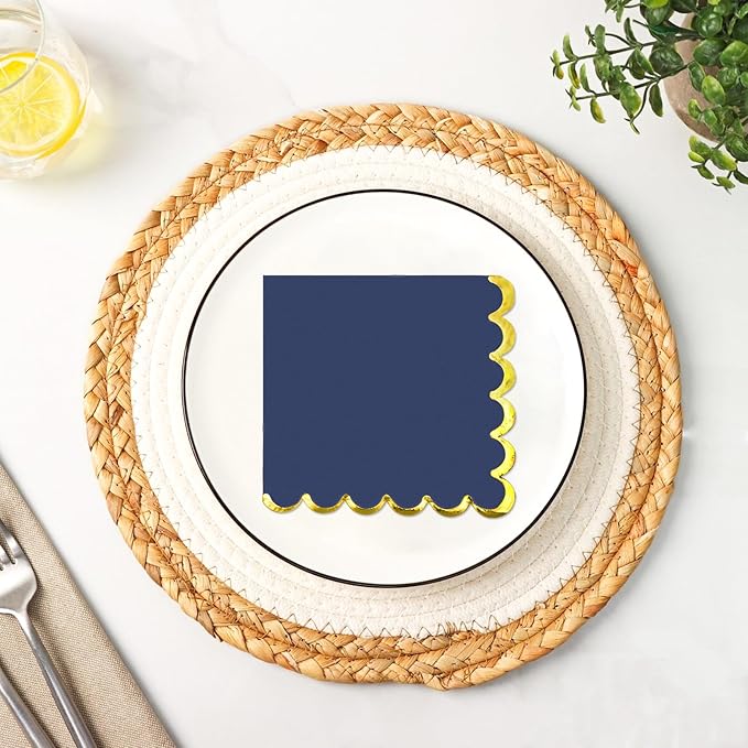200 Pack Navy Blue and Gold Paper Napkins Scalloped Cocktail Napkins Blue Disposable Beverage Napkins for Birthday Baby Shower Wedding Party Supplies Dinnerware Tableware Decorations