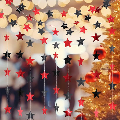 Patelai Glitter Star Garland Banner Christmas Decor 130 Feet Star Hanging Bunting Banner Twinkle Backdrop for Homecoming Classroom Wedding Birthday Halloween Party Supplies(Red,Black)