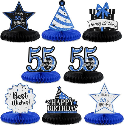 Happy 55th Birthday Decorations,55th Bday Blue Glitter Shiny Stand Honeycomb Table Centerpieces - Cheers to 55 Years Old Birthday Party Photoprop Gift Sign.