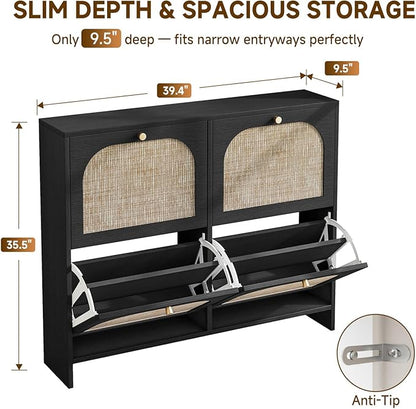 Nicetree Freestanding Arched Rattan Accent Ultra Slim Shoe Cabinet for Entryway - 4 Flip Drawers & 3-Tier Adjustable Shelves, Farmhouse Modern Rustic Shoe Rack for Hallway Foyer Living Room,Black