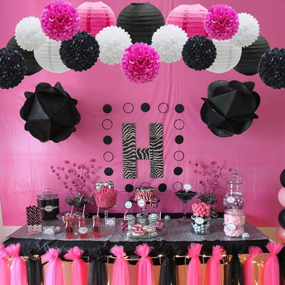 15pcs Hanging Party Decorations Set, Hot Pink White Black Paper Flowers Pom Poms Balls and Paper Lanterns for Minnie Mouse Theme Birthday Baby Shower Bachelorette Party