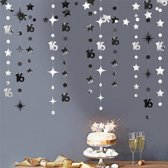 Silver Black 16th Birthday Decorations Number 16 Circle Dot Twinkle Star Garland Banner Backdrop for Girls Boys Happy 16th Birthday Sweet Sixteen 16th Anniversary Cheers to 16 Years Party Decor