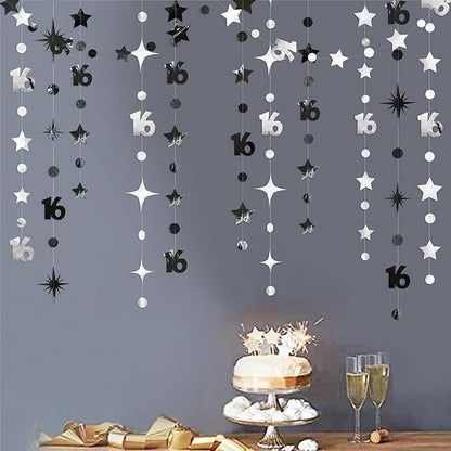 Silver Black 16th Birthday Decorations Number 16 Circle Dot Twinkle Star Garland Banner Backdrop for Girls Boys Happy 16th Birthday Sweet Sixteen 16th Anniversary Cheers to 16 Years Party Decor