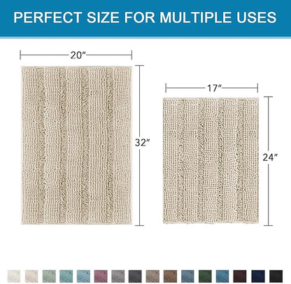 H.VERSAILTEX Bathroom Rug Sets 2 Piece Bath Mats Non Slip Thick Soft Chenille Striped Bath Rug achine Washable Shower Floor Rugs for Tub, Shower and Floor (Fog, 20" x 32"/17" x 24")