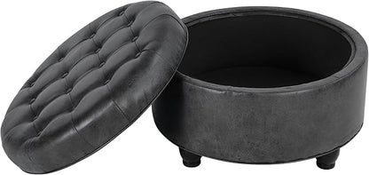 Homepop Home Decor |Button Tufted Faux Leather Round Storage Ottoman | Ottoman with Storage for Living Room & Bedroom (Gray)