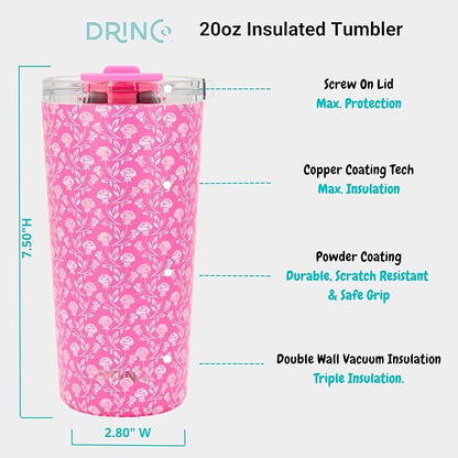Drinco - 20 oz Stainless Steel Tumbler | Double Walled Vacuum Insulated Mug With Lid, 2 Straws, For Hot & Cold Drinks (20oz Pink Rose)
