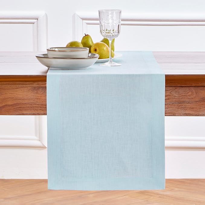 Solino Home Linen Ice Water Table Runner 36 Inches - 100% Pure Linen Farmhouse Short Table Runner 14 x 36 Inch Ideal for Dresser and Coffee Tables - Fete - Christmas, Holiday, New Year