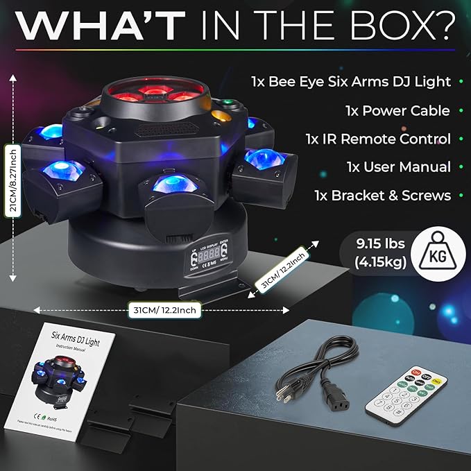 6-Arm 150W RGBW Bee-Eye Spider DJ Moving Head Light – LED Stage Lighting with DMX512, Sound Activated Beam Wash, Strobe & Starry Effects for Clubs, Parties, Weddings, Events
