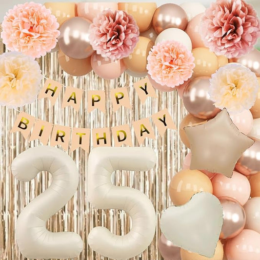 Beige 25th Birthday Decorations for Her Cream Number 25 Balloon Nude Gold Happy Birthday Banner Fringe Curtain Paper Pom Poms Blush White Sand Champagne Star Foil Balloons Neutral Boho Party Decor