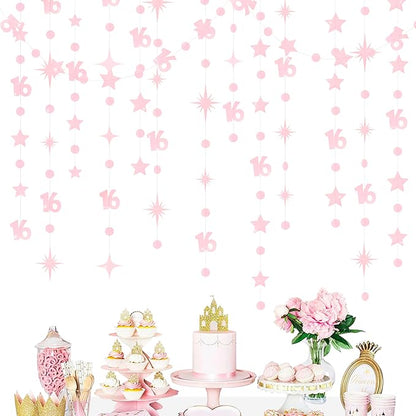 Glitter Pink Number 16 Circle Dot Twinkle Star Garland Hanging Streamer Bunting Banner Backdrop Decorations for Girls Happy 16th Birthday Sweet Sixteen 16th Anniversary Cheers to 16 Years Party Decor
