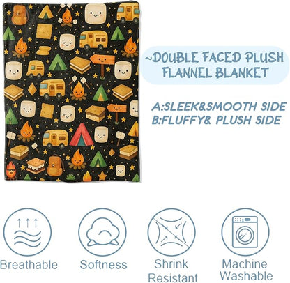 Cute Cartoon Camping Blanket, Marshmallow Tent and Star Blankts, Gifts for Adults Kids, Home Dorm Cabin Pet Area Picnic and Travel Decor, Soft Cozy Lightweight Flannel Throw,50"x60"