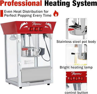 Commercial Popcorn Machine 12Oz with Warming Light, Makes 60 Cups, Theater Style Stainless Steel Popper with Tempered Glass - for Home Theater, Parties & Business, Red