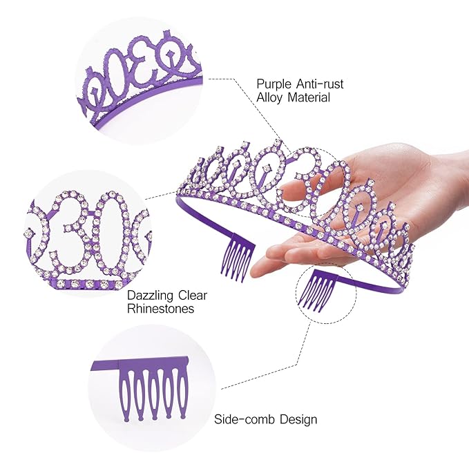 CIEHER 30th Birthday Decorations - Sash, Crown, Tiara, Cake Topper, Photo Booth Props & Party Supplies in Purple
