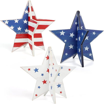 COCHIE 6 Inch Labor Day Decorations Wooden Stars Set, Vintage 3D Star Memorial Day Tiered Tray Decor, 4th of July Red White Blue Patriotic Decoration for Home Table Desk Door Shelf (Flag Retro)