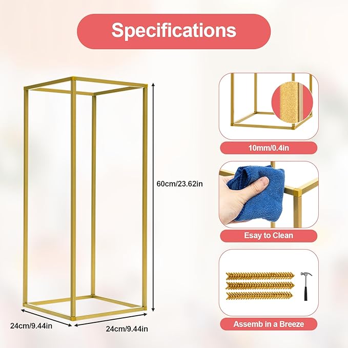 10 Pcs Gold Flower Stands 23.6 Inch Tall, Metal Geometric Floral Display Racks for Wedding Table Centerpieces Decorations, Modern Rectangle Flower Column for Party Event Reception