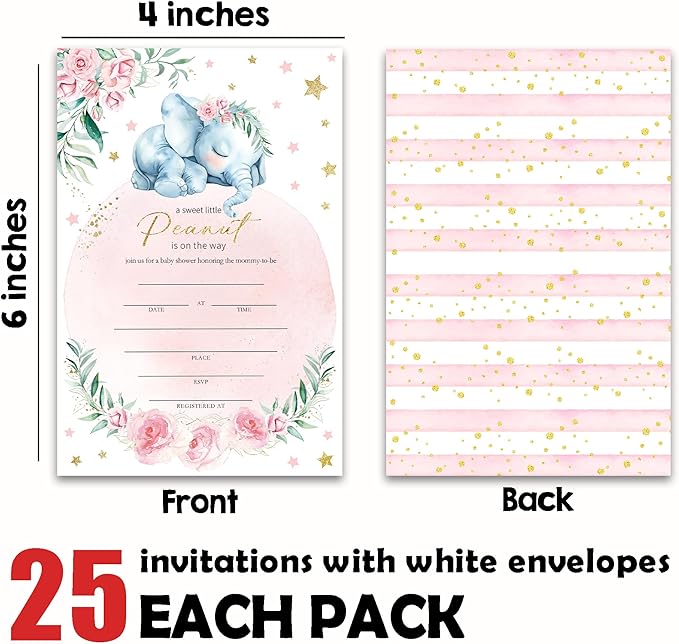 25 Pink Baby Shower Invitations - A Sweet Little Peanut Is On The Way - Cute Little Elephant And Pink Flowers Invites With Envelopes For Boy Girl, Gender Reveal, Baby Shower Favor And Decorations-A07