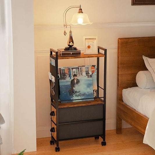 Small Narrow Side End Table, 2 Drawer Slim Nightstand Bedside Sofa Table with Wheels, Space Saving Rolling Skinny Thin Desk with Storage Bag for Bedroom Living Room Couch Bathroom Dorm