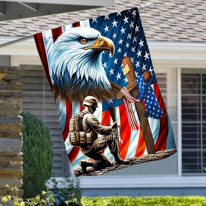 American Flag-Patriotic Eagle Veteran Kneeling Soldier Christ Cross Memorial Day American Flag MLN2793F, 3x5 ft. Flag-USA Flags Premium Polyester-Decorative Indoor Outdoor Flag