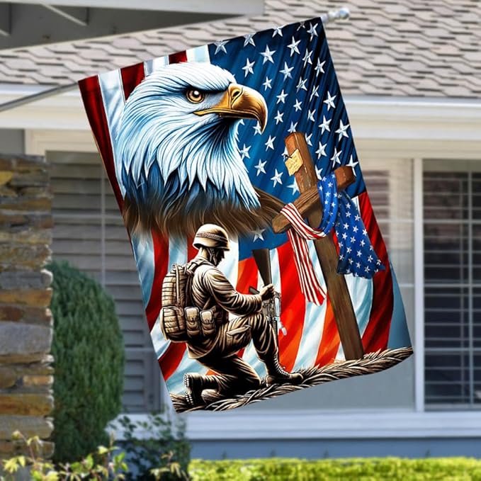 American Flag-Patriotic Eagle Veteran Kneeling Soldier Christ Cross Memorial Day American Flag MLN2793F, Garden Flag (11.5" x 17.5")-USA Flags Premium Polyester-Decorative Indoor Outdoor Flag