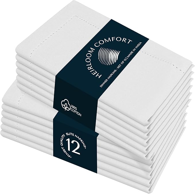 White Cloth Napkins 18x18 Inch - 12 Pack - 100% Cotton, Absorbent, Soft, Washable, Reusable - Hemstitch Mitered Edges - Perfect for Weddings, Baby Showers, Holiday, Formal Events