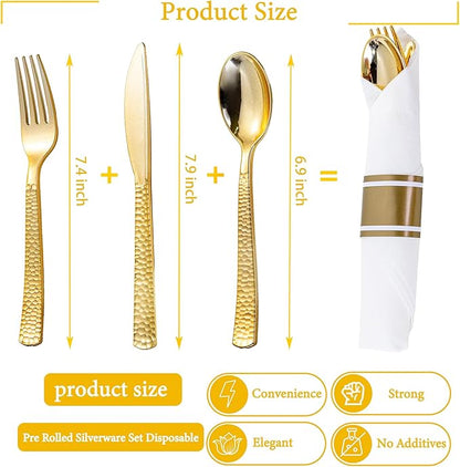 WELLIFE 300PCS Gold Plastic Cutlery,Pre Rolled Silverware Set Disposable,Hammer Pattern Design,Plastic Cutlery Includes: 75 Forks, 75 Knives, 75 Spoons, 75 Napkins, Christmas Silverware