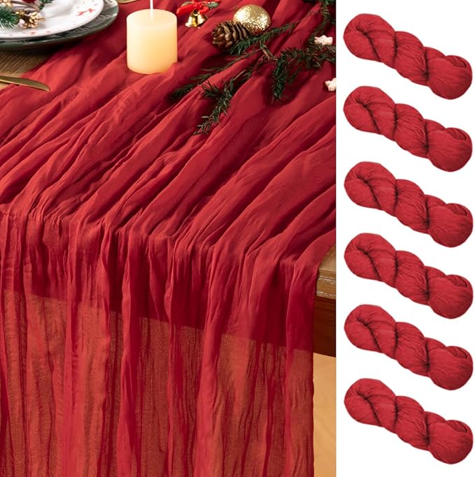 Red Cheesecloth Table Runner 6 Pack Christmas Table Runners Boho Gauze 120 Inches Red Cheese Cloth Table Decor for Xmas Holiday Season Parties Weddings Bridal Baby Shower Candlelight Dinner