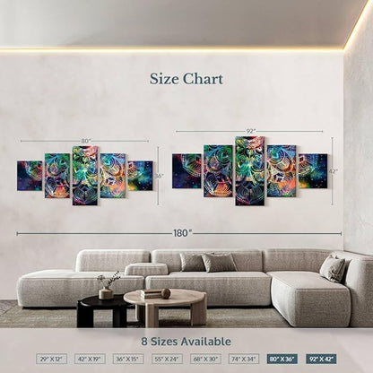 ElephantStock - Celestial Mandala Wall Art - Horizontal Multi Panel Canvas - 5 Piece Living Room Wall Decor - Digital Art Elements Multi Piece Wall Art - Turquoise And Blue Decor - 92" x 42"