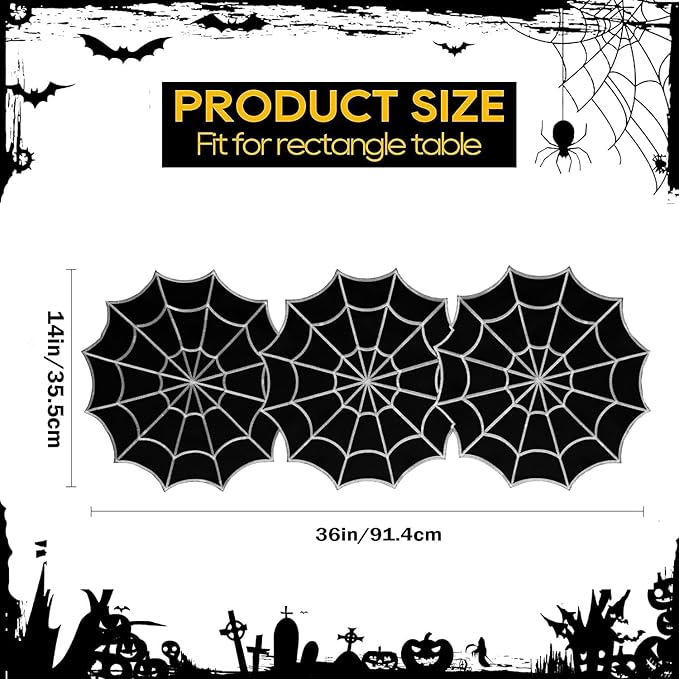 Joyfol Day Halloween Table Runner 14 x 36 Inch, Embroidered Spider Web Table Runners, Black Fireplace Mantel Scarf, Halloween Table Decorations for Parties Gothic Scary Nights