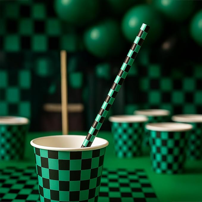 100 Black and Green Checkered Straws - Disposable Paper 7.75 Inch Straws for Demon Anime Themed Party - Party On Tap