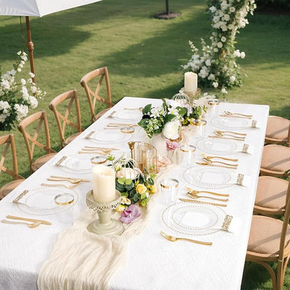 LIYH 350 Pcs Clear Plastic Plates - Gold Rim Plastic Dinnerware Set Elegant Disposable Plates Include Dinner & Dessert Plate Cups Gold Silverware Wedding Napkins for Birthday Party Wedding 50 Guests