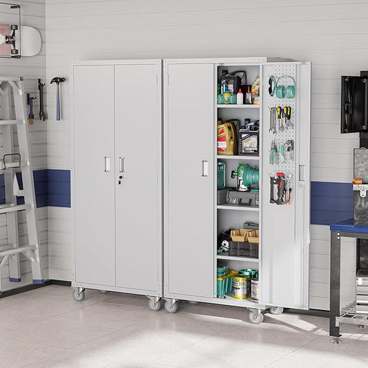 VINGLI 72'' Tall Garage Storage Cabinet, Metal Storage Cabinet with Pegboards, Wheels, Locking Doors and Adjustable Shelves (Gray, 32''W x 16''D x 72''H)