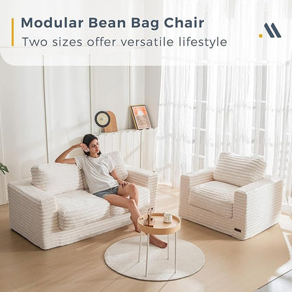 MAXYOYO Bean Bag Chair for Adults, Upholstered Loveseat Floor Sofa with Pillows and Armrests, Large Bean Bag Sofa Plush Couch for Bedroom Living Room, Beige