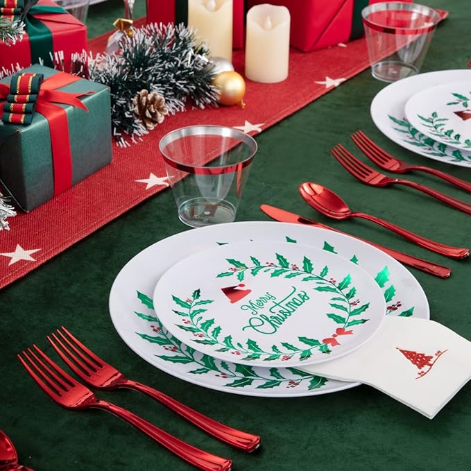 Liacere 175PCS Christmas Plastic Plates - White & Green; Includes 50 Wreath Plates, 25 Red Cutlery, 25 Cups, 25 Tree Napkins